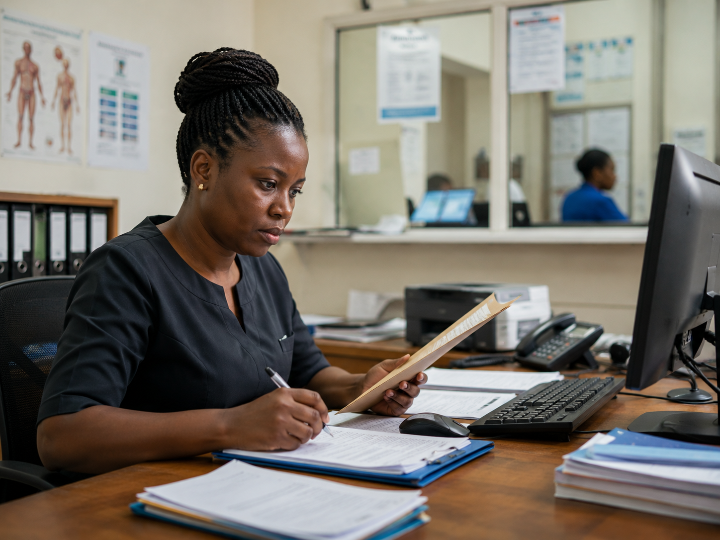 A clinician documenting at her desk after the patient has left